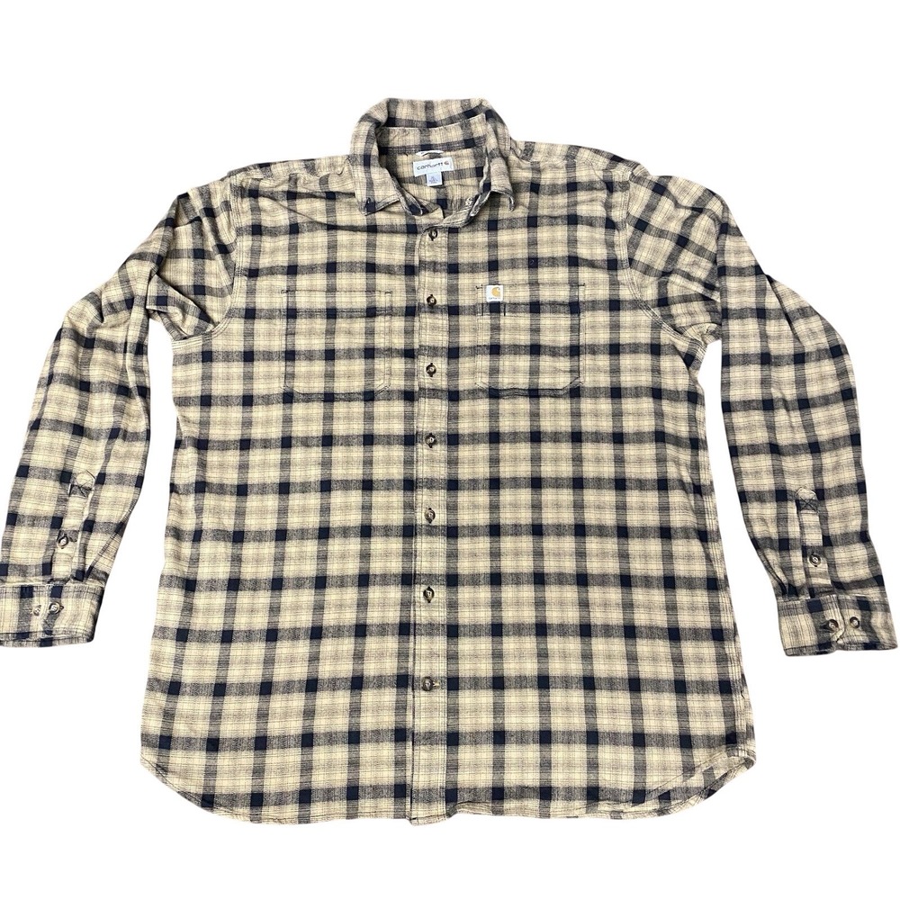 Carhartt 104448 XL Tall Relaxed Fit Plaid Flannel Shirt Tan Navy Stretc Workwear